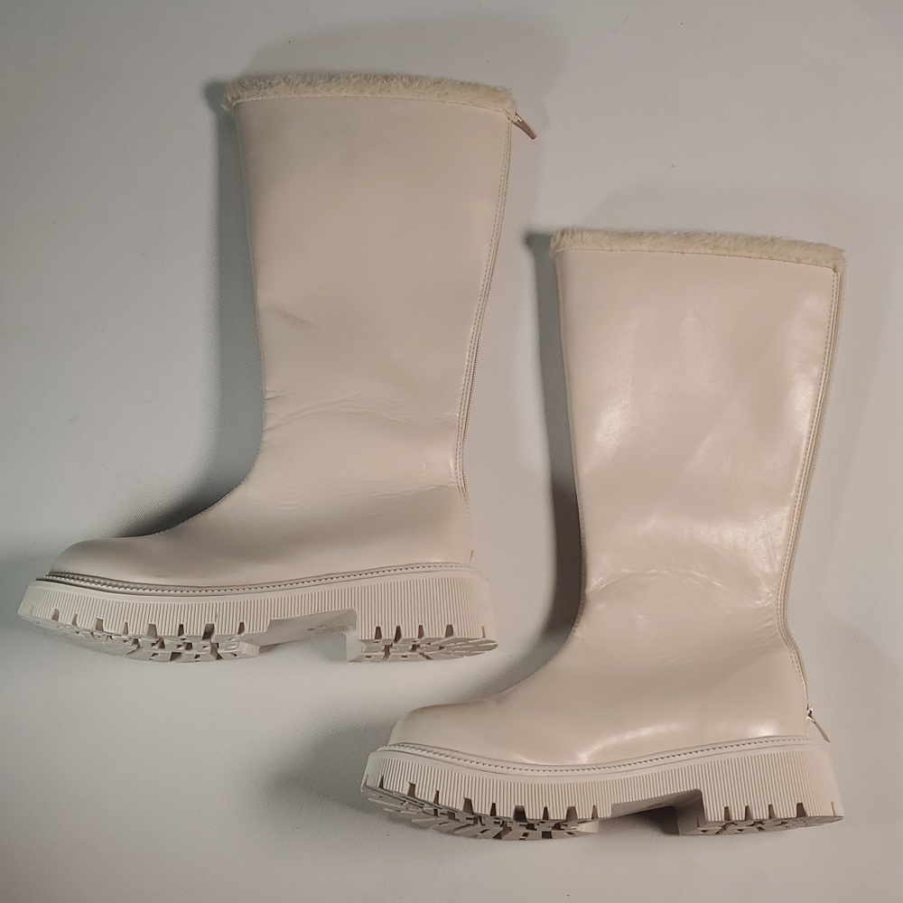 White Chunky Lug Sole Knee High Boots with Faux Fur Trim